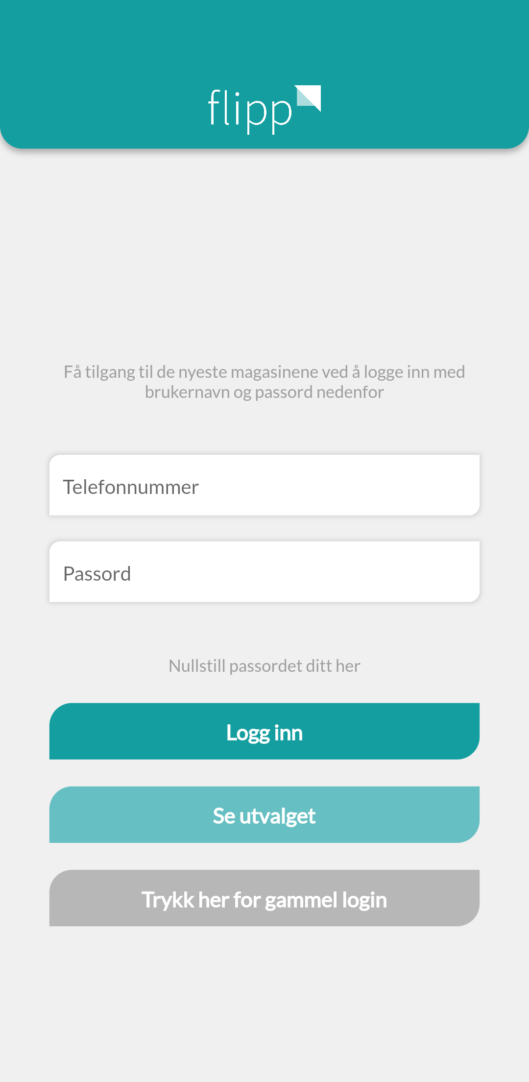 Login-skjermen til Flipp